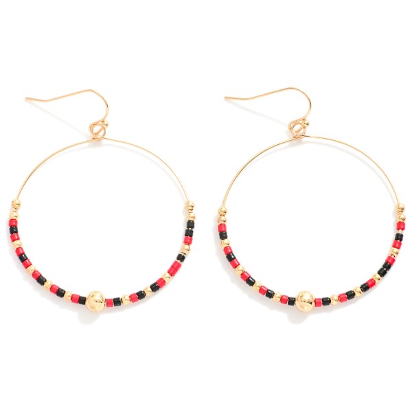 Seed Beaded Hoop Drop Earring Featuring Gold Tones 

- Approximately 2" L 