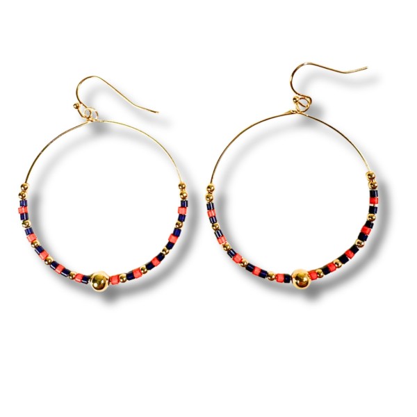 Seed Beaded Hoop Drop Earring Featuring Gold Tones 

- Approximately 2" L 