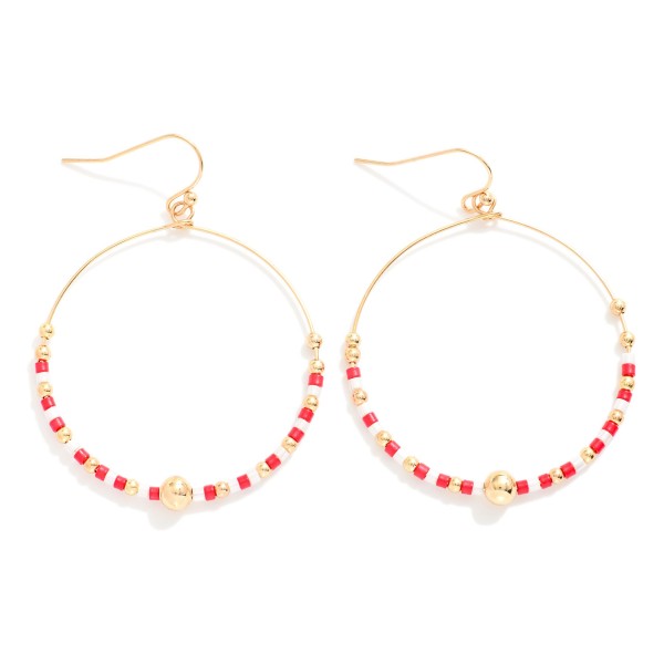 Seed Beaded Hoop Drop Earring Featuring Gold Tones 
- Approximately 2" L