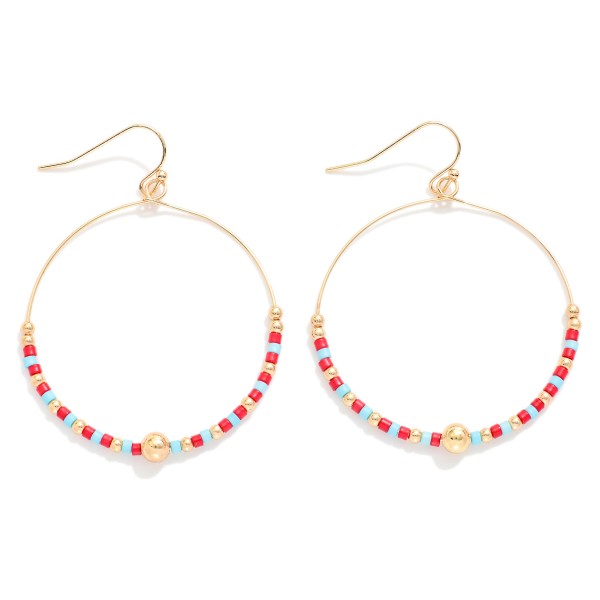 Seed Beaded Hoop Drop Earring Featuring Gold Tones 

- Approximately 2" L 