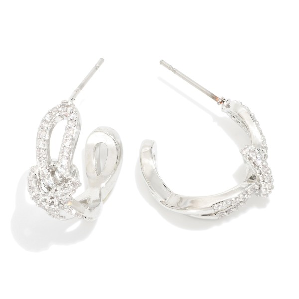 Metal Tone Intertwined Hoop Earrings Featuring Rhinestones & Knotted Metal Detail 

- Approximately .75" D
