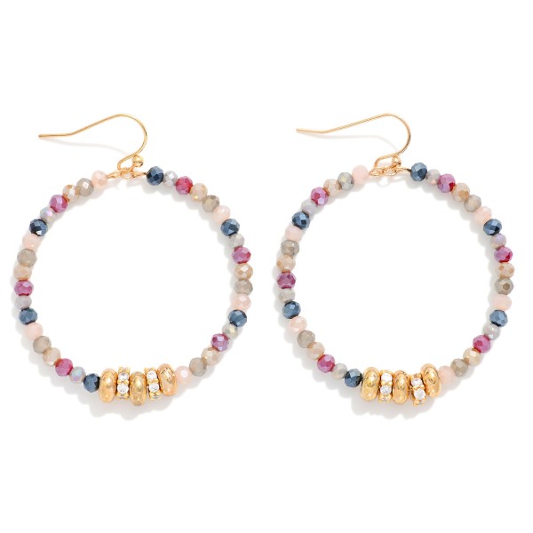 Faceted Beaded Hoop Drop Earring Featuring Gold Tone Rhinestone Studded Discs And Gold Tone Discs 

- Approximately 2" L

