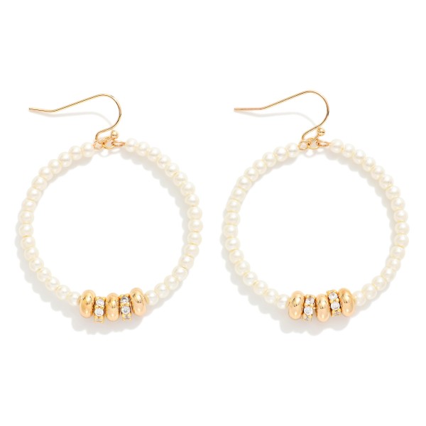 Pearl Hoop Drop Earrings Featuring Metal Tone Disc Charms With Rhinestones 

- Approximately 2" L 
