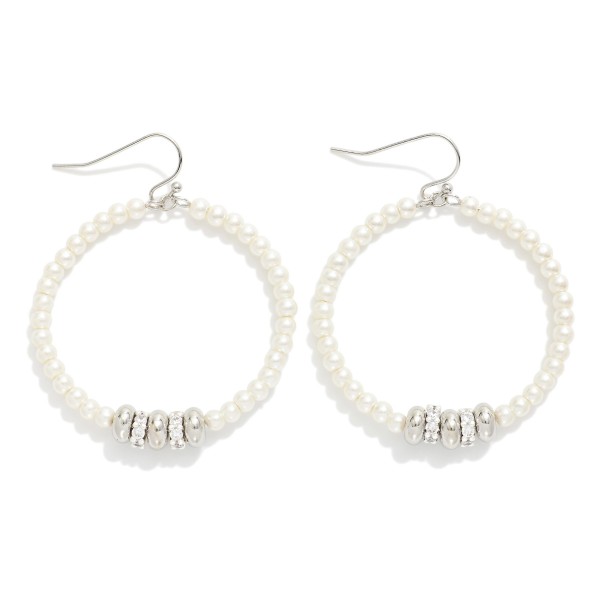 Pearl Hoop Drop Earrings Featuring Metal Tone Disc Charms With Rhinestones 

- Approximately 2" L 