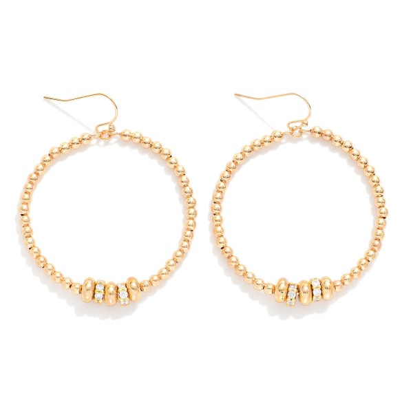 Metal Tone Beaded Hoop Drop Earrings Featuring Rhinestone Dish Details 

- Approximately 2" L