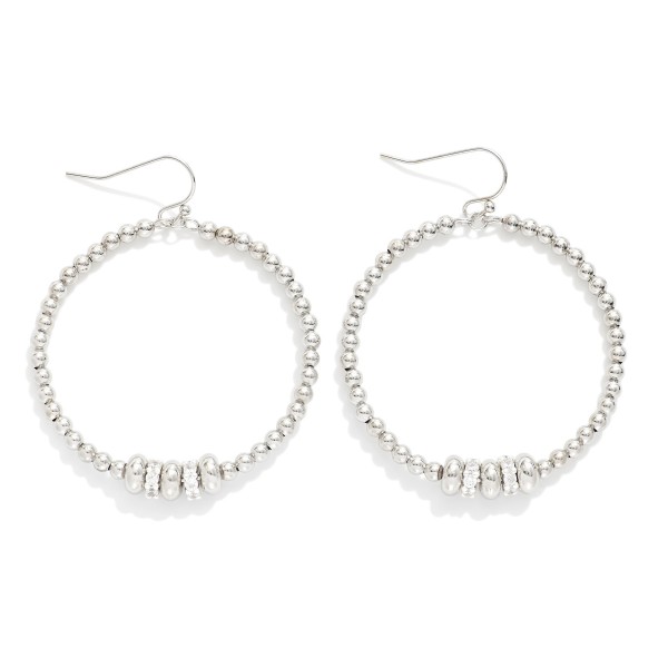 Metal Tone Beaded Hoop Drop Earrings Featuring Rhinestone Dish Details 

- Approximately 2" L