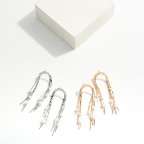 Layered Snake Chain Arch Post Drop Earrings Featuring Pearl Details 

- Approximately 2.25" L