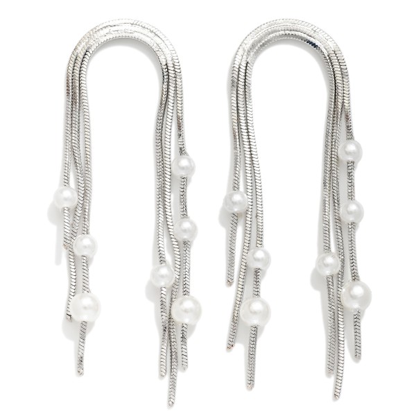 Layered Snake Chain Arch Post Drop Earrings Featuring Pearl Details 

- Approximately 2.25" L