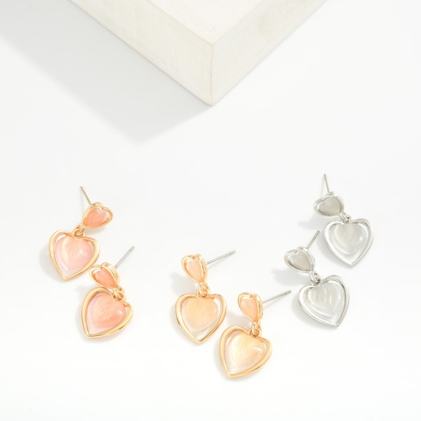 Linked Acetate Heart Post Drop Earrings With Metal Tone Border

- Approximately .75" L