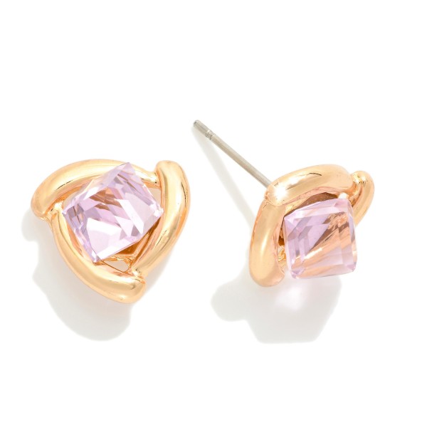 Metal Tone Triangle Stud Earrings Featuring Glass Crystal Square Detail 

- Approximately .75" L