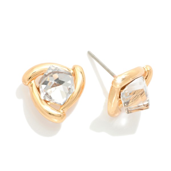 Metal Tone Triangle Stud Earrings Featuring Glass Crystal Square Detail 

- Approximately .75" L