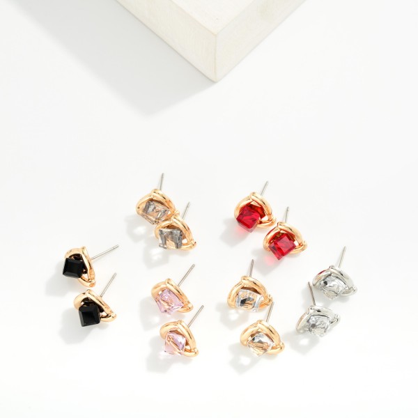 Metal Tone Triangle Stud Earrings Featuring Glass Crystal Square Detail 

- Approximately .75" L