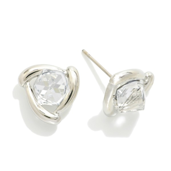 Metal Tone Triangle Stud Earrings Featuring Glass Crystal Square Detail 

- Approximately .75" L