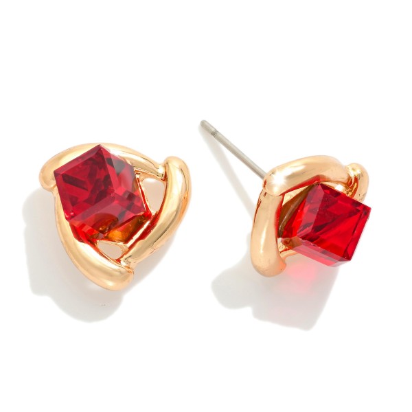 Metal Tone Triangle Stud Earrings Featuring Glass Crystal Square Detail 

- Approximately .75" L