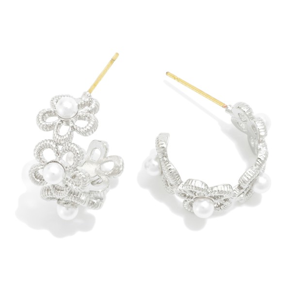 Metal Tone Flowers Hoop Earrings Featuring Pearl Details 

- Approximately .75" D