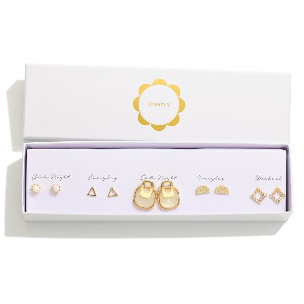 Set Of Five Earrings Featuring Gold Tones And Rhinestone Accents 

- Gift box Included 
- Approximately .5" L- .75" L 