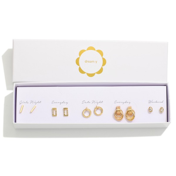 Set Of Five Simple Gold Tone Earrings Featuring Rhinestones Accents 

- Gift Box Included 
- Approximately .5" L- .75" L 
