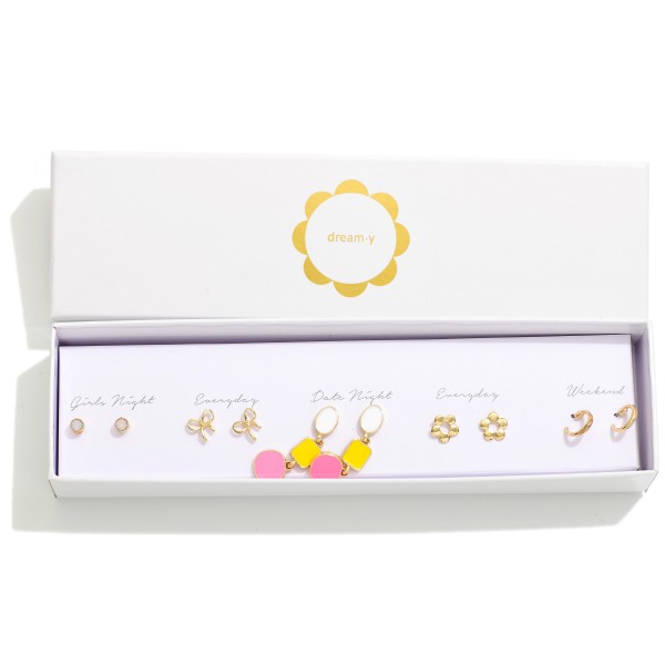 Set Of Five Simple Gold Tone Earrings Featuring Bow, Flower And Enamel Drop Earring 

- Gift Box Included 
- Approximately .5" L- 1.5" L 