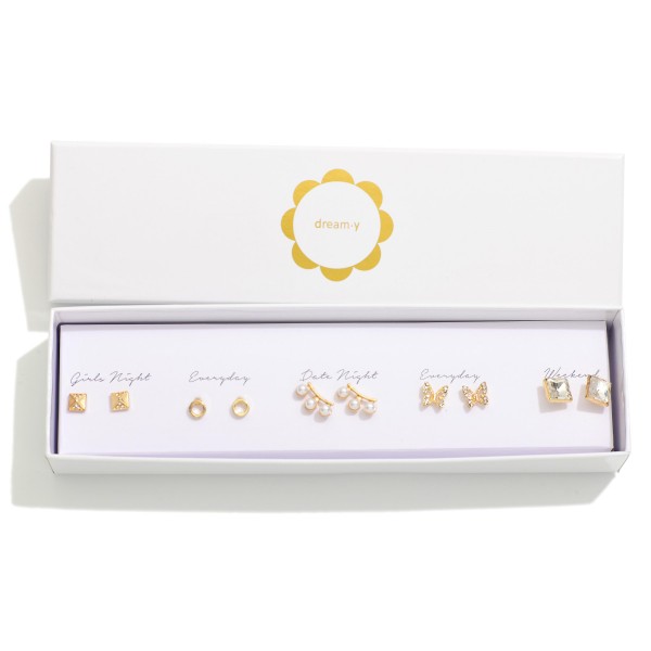 Set Of Five Simple Stud Earrings Featuring Gold Tones, Pearls, And Rhinestones 

- Giftbox Included 
- Approximately .5" L- .75" L 