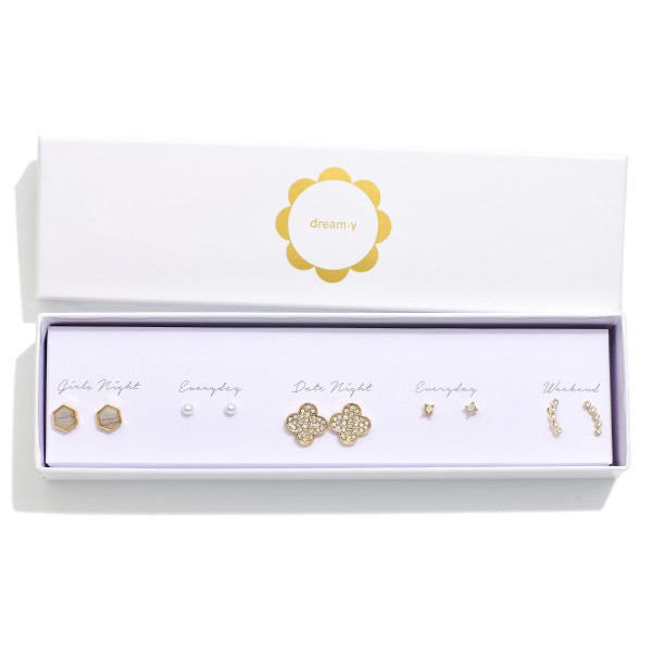 Set Of Five Simple Gold Tone Earrings Featuring Rhinestones Accents & Pearls 

- Gift Box Included
- Approximately .5" L- .75" L

