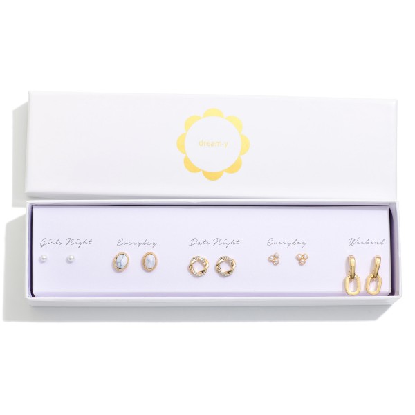 Set Of Five Stud And Drop Earring Featuring Rhinestones, Pearls, And Stone 

- Approximately .1" - .75" L 