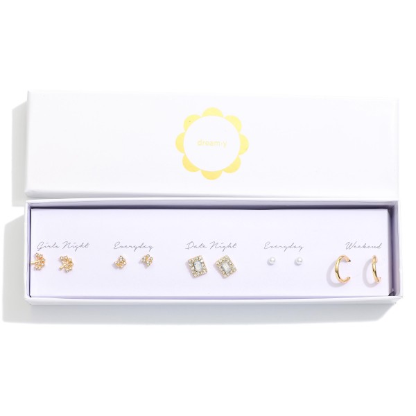 Set Of Five Stud & Drop Earrings Featuring Rhinestones And Pearl 

- Approximately .1" - .75" L 
- Gift Box Included 