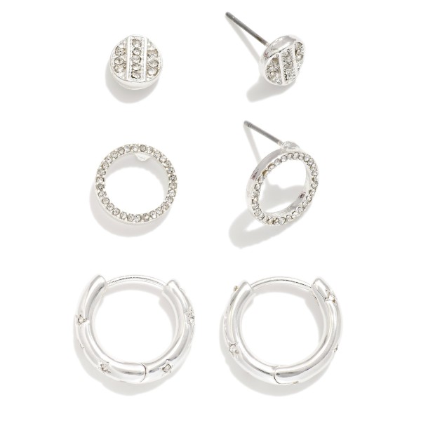 Set Of Three Metal Tone Earrings Featuring Cubic Zirconia 

- Approximately .5" - .25" D

