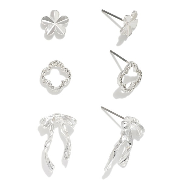Set Of Three Earrings Featuring Bow, Flower, And Clover With Rhinestone Border 

- Approximately .5" - .75" L
