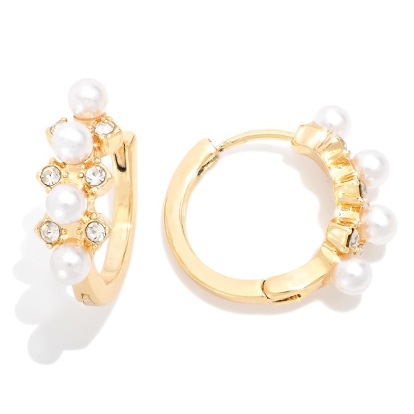 Pearl & Rhinestone Studded Huggie Hoop Earrings 

- Approximately .75" D

