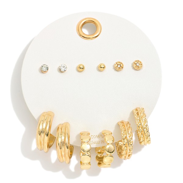 Set Of Six Metal Tone Hoop And Stud Earring Sets Featuring Gold Tones & Rhinestone 

- Approximately .1" - .75" L  
