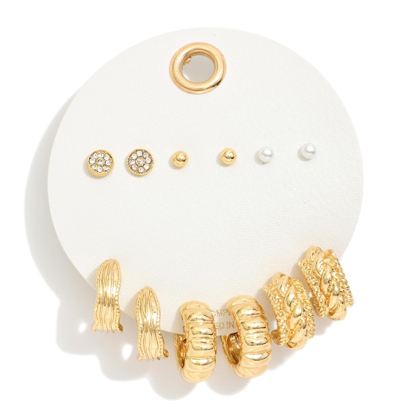 Set Of Six Hoop And Stud Earrings Featuring Gold Tones, Cubic Zirconia , & Pearls

- Approximately .1" - .75" L 