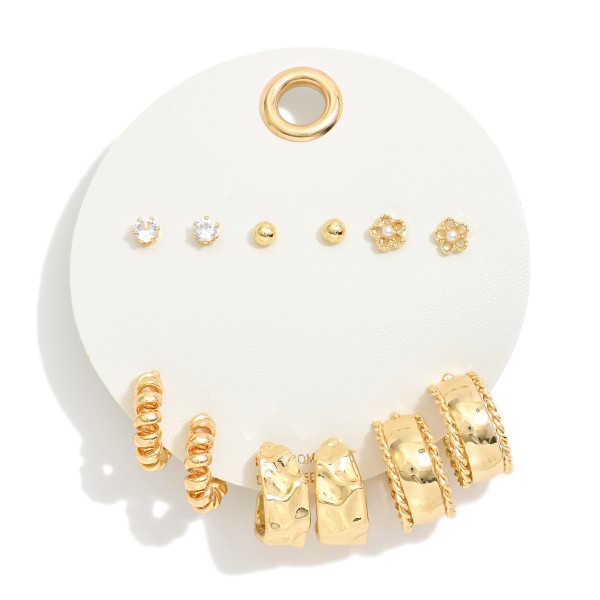 Set Of Six Metal Tone Hoop And Stud Earrings Featuring Rhinestone & Pearl 

- Approximately .1" - .75" L 