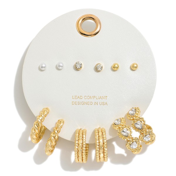 Set Of Six Gold Tone Stud & Drop Gold Tone Earrings Featuring Pearl And Rhinestones 

- Approximately .25- 1" L 