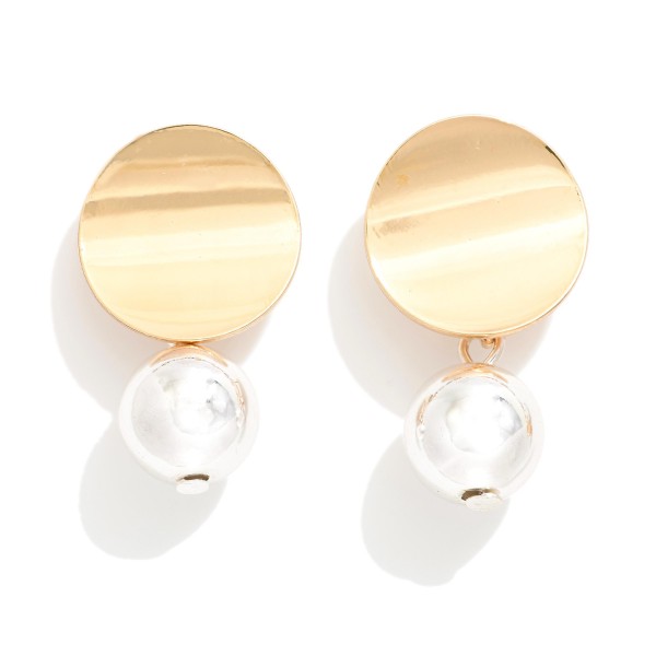 Metal Tone Disc Post Drop Earring Linked With Metal Ball Dangle Detail 

- Approximately 1" L 