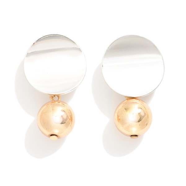 Metal Tone Disc Post Drop Earring Linked With Metal Ball Dangle Detail 

- Approximately 1" L 