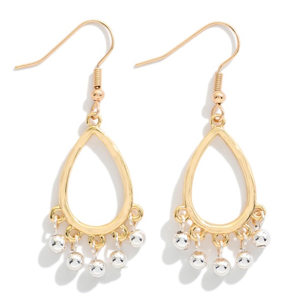 Metal Tone Textured Wire Teardrop Hoop Earring Featuring Metal Ball Bead Dangle Detail 

- Approximately 2" L 