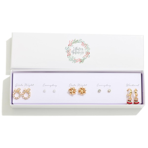Set Of Five Christmas Stud & Drop Earrings Featuring Christmas Mittens, Wreaths, & Present Bows

- Giftbox Included 
- Approximately .25" L - 1" L