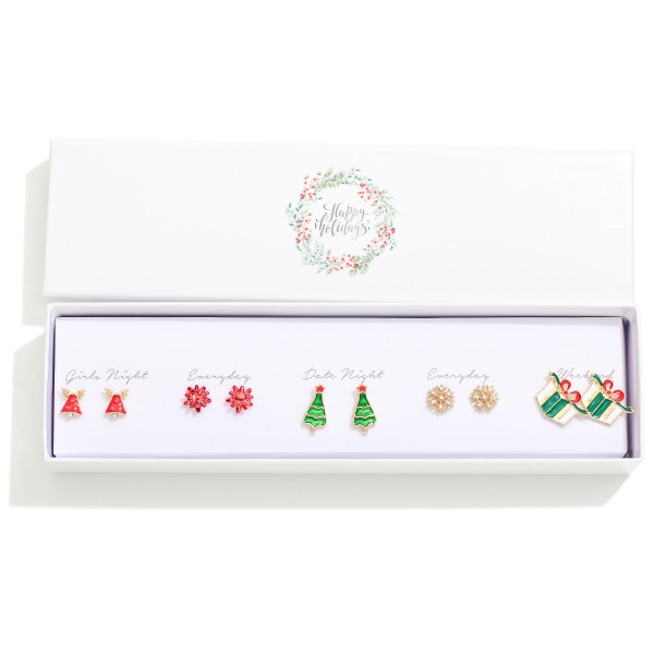 Set Of Five Christmas Stud Earrings Featuring Christmas Trees, Presents, & Snowflakes 

- Giftbox Included 
- Approximately .25" L - .75" L