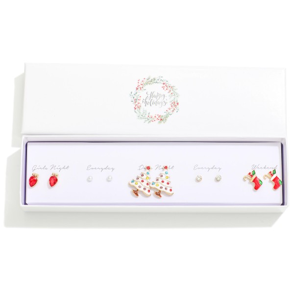 Set Of Five Christmas Stud & Drop Earrings Featuring Christmas Trees, Stockings, & Christmas Lights

- Giftbox Included 
- Approximately .25" L - 1" L