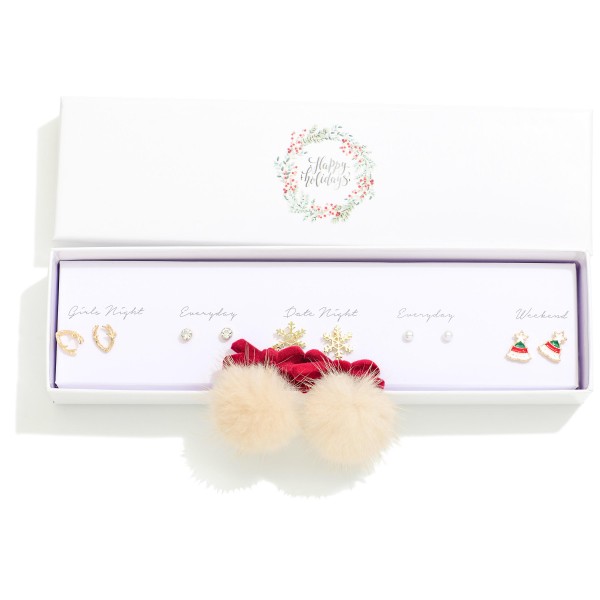Set Of Five Christmas Earrings Featuring Faux Fur Poms, Antlers, & Santa Hat 

- Gift Box Included
- Approximately .25" L-1" L
