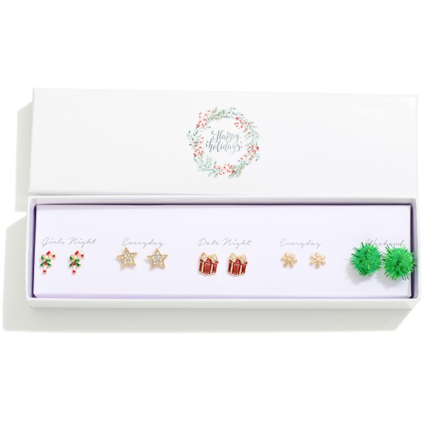 Set Of Five Christmas Stud Earrings Featuring Poms, Christmas Presents, & Candy Canes 

- Giftbox Included 
- Approximately .25" L - .50" L