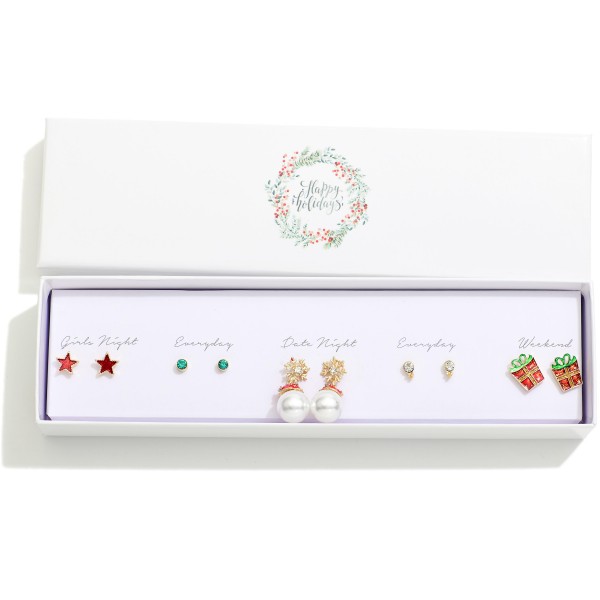 Set Of Five Christmas Stud & Drop Earrings Featuring Presents, Snowflakes, & Pearls 

- Giftbox Included 
- Approximately .25" L - 1.25" L