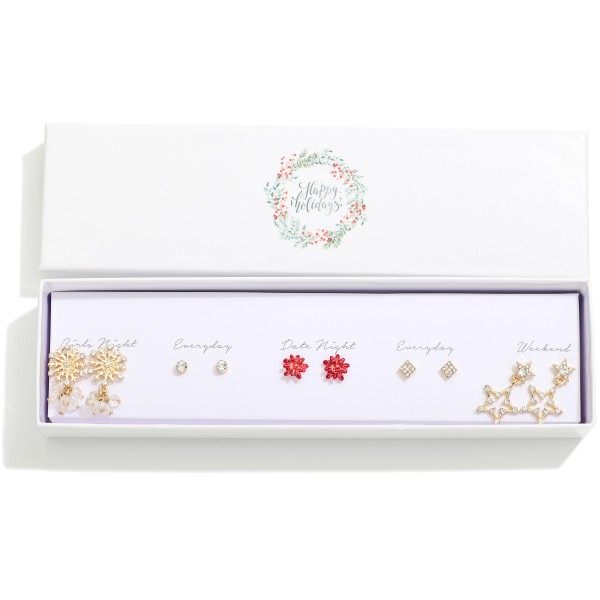 Set Of Five Christmas Stud Earrings Featuring Stars, Snowflakes, & Christmas Bows

- Approximately .25" L - 1.25" L