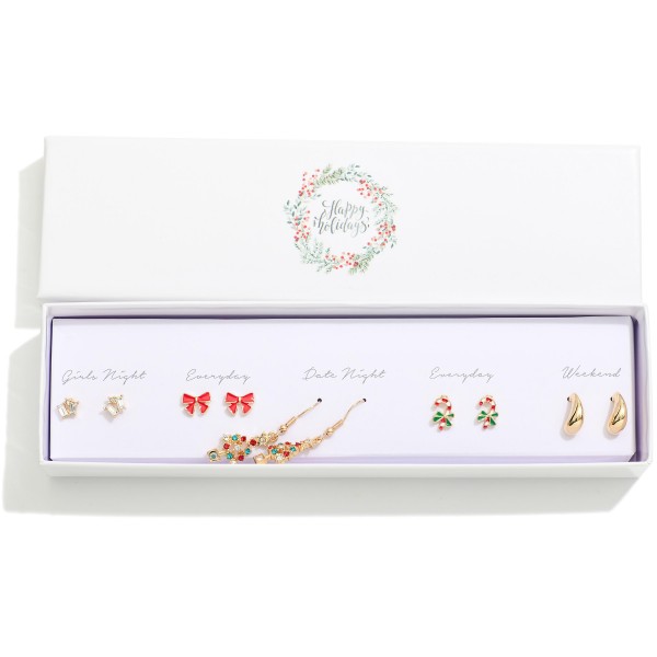 Set Of Five Christmas Stud & Drop Earrings Featuring Rhinestone Christmas Trees, Bows, & Candy Canes 

- Giftbox Included
- Approximately .25" L - 1.25" L