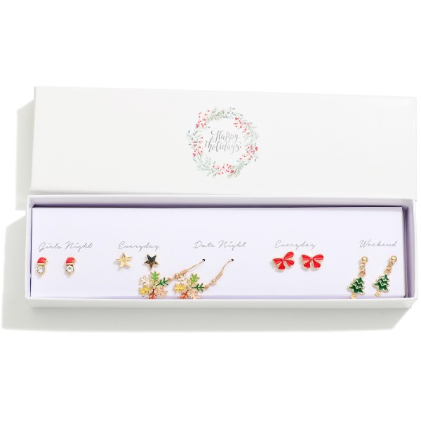 Set Of Five Christmas Stud & Drop Earrings Featuring Christmas Trees, Snowflakes, & Bows

- Giftbox Included 
- Approximately .25" L - 1.25" L