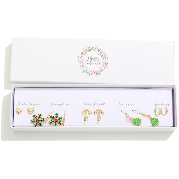 Set Of Five Christmas Stud & Drop Earrings Featuring Christmas Trees, Bows, & Snowflakes

- Giftbox Included 
- Approximately .25" L - 1.25" L