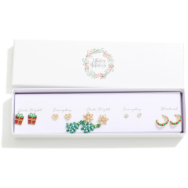 Set Of Five Stud & Drop Earrings Featuring Faux Fur Poms, Christmas Tress, & Antlers 

- Gift Box Included
- Approximately .25" L - 1.75" L