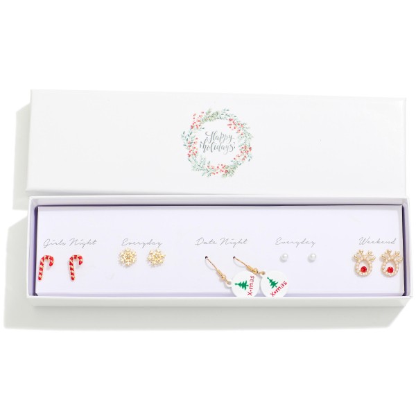 Set Of Five Christmas Stud & Drop Earrings Featuring Candy Canes, Snowflakes, & Reindeer

- Giftbox Included 
- Approximately .25" L - 1.25" L