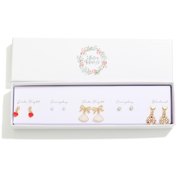Set Of Five Stud & Drop Earrings Featuring Hearts, Snowflakes, & Bows

- Gift Box Included
- Approximately .25" L - 1" L
