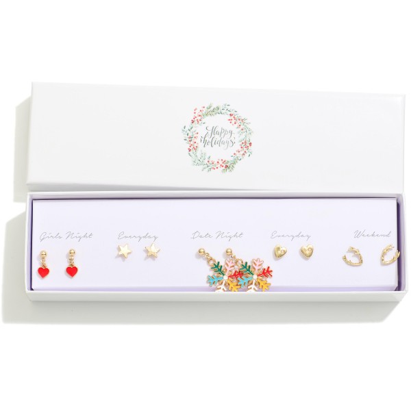 Set Of Five Christmas Stud & Drop Earrings Featuring Snowflakes, Hearts, & Antlers

- Giftbox Included 
- Approximately .25" L - 1.25" L